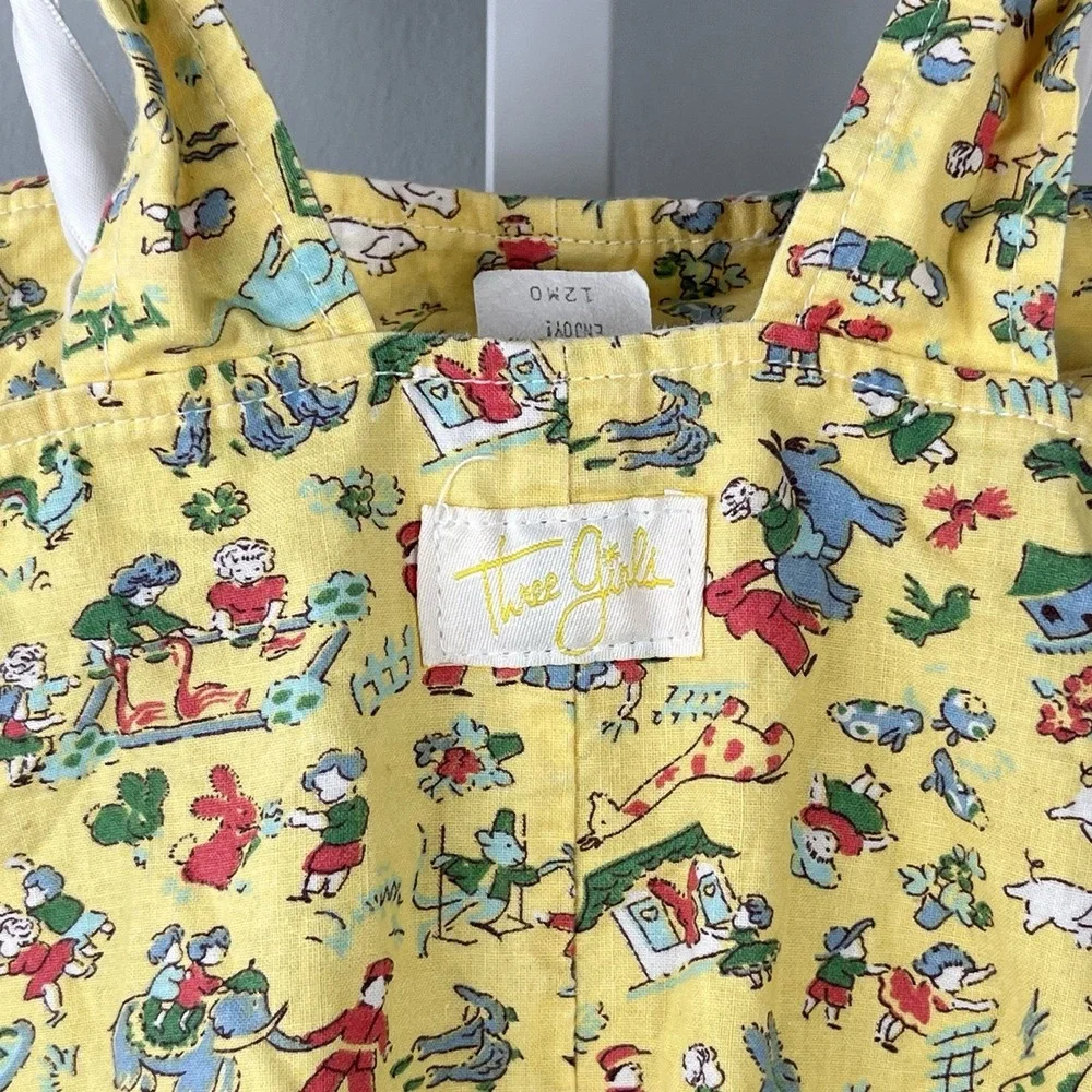 Vintage Three Girls Romper Overalls Baby Girl 12M Yellow Farm Animal‎ Print USA